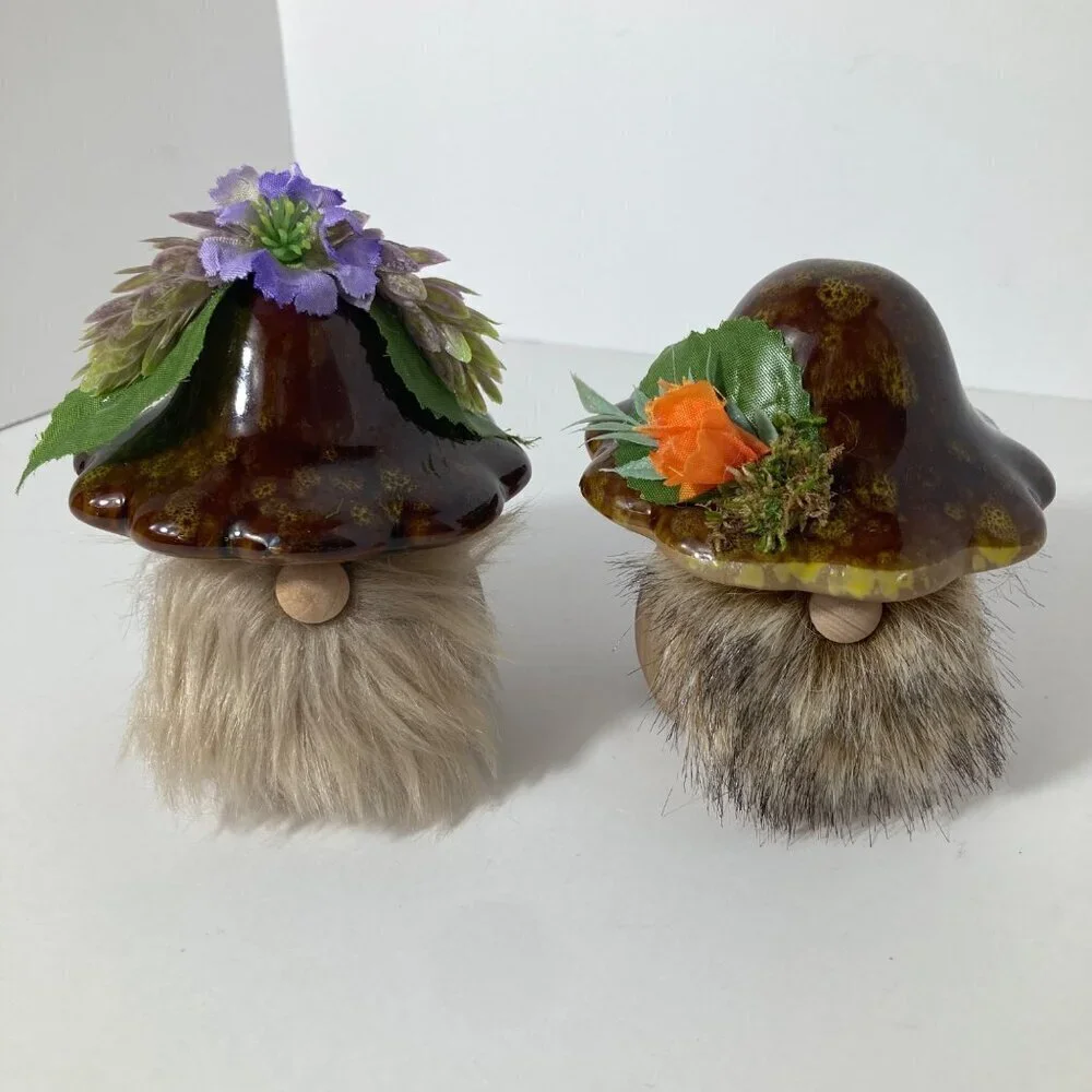 Ceramic Mushroom Gnomes Fairy‎ Flower Garden -2 Brown Purple Orange 3 x 4